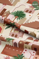 Digitally Printed Fabric with a Middle Eastern Inspiration, Palm Trees and Houses Pattern